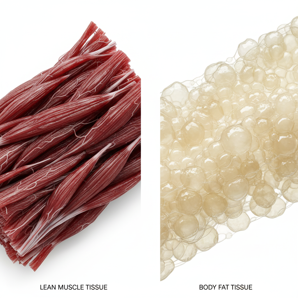 piece of lean muscle tissue and a piece of body fat tissue